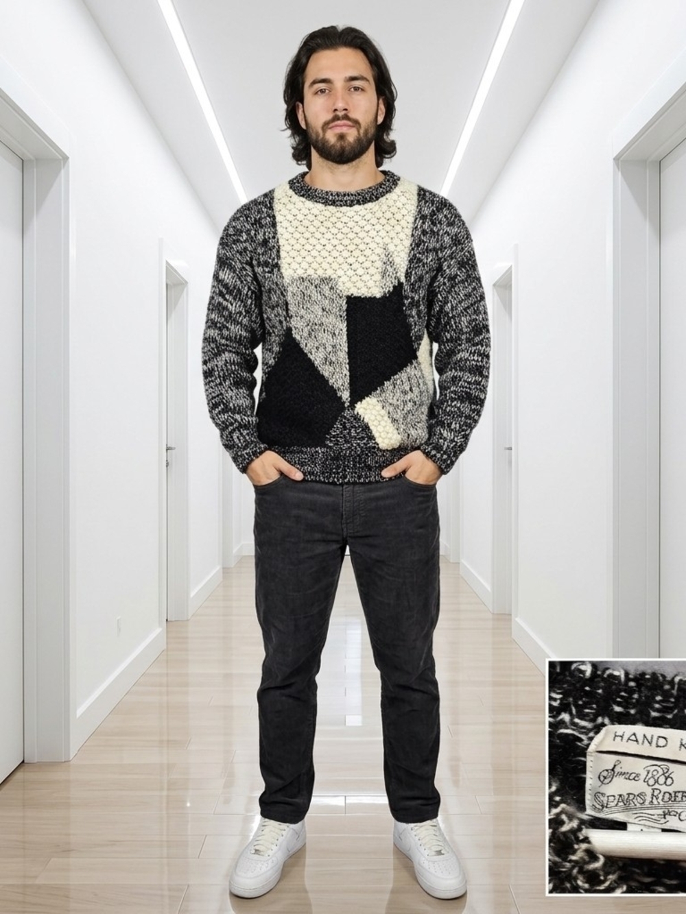 Men's Geometric Crewneck Sweater in Black & Cream